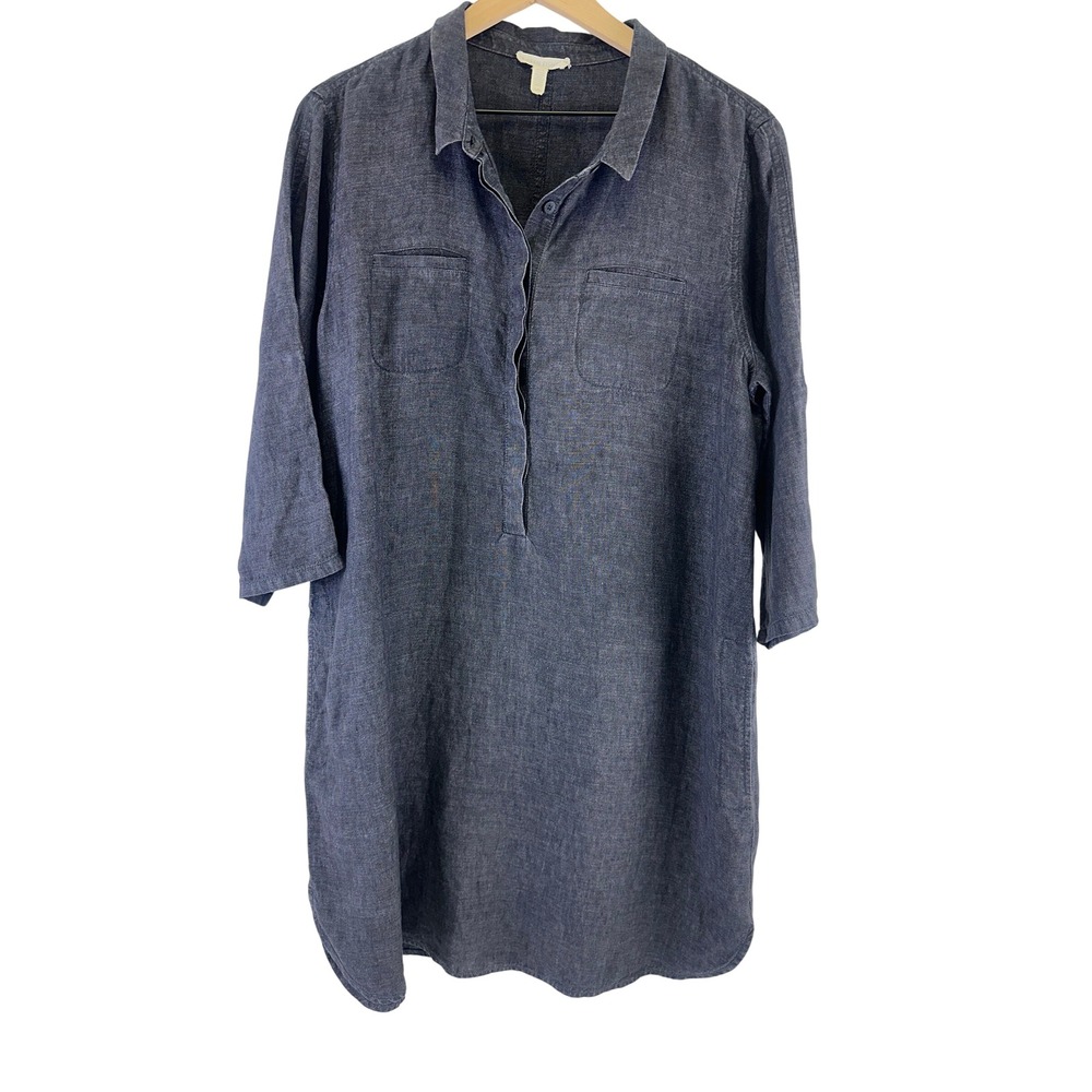 Eileen Fisher Shirt Dress Organic Linen Dark Grey Pockets Round Hem Tunic Large